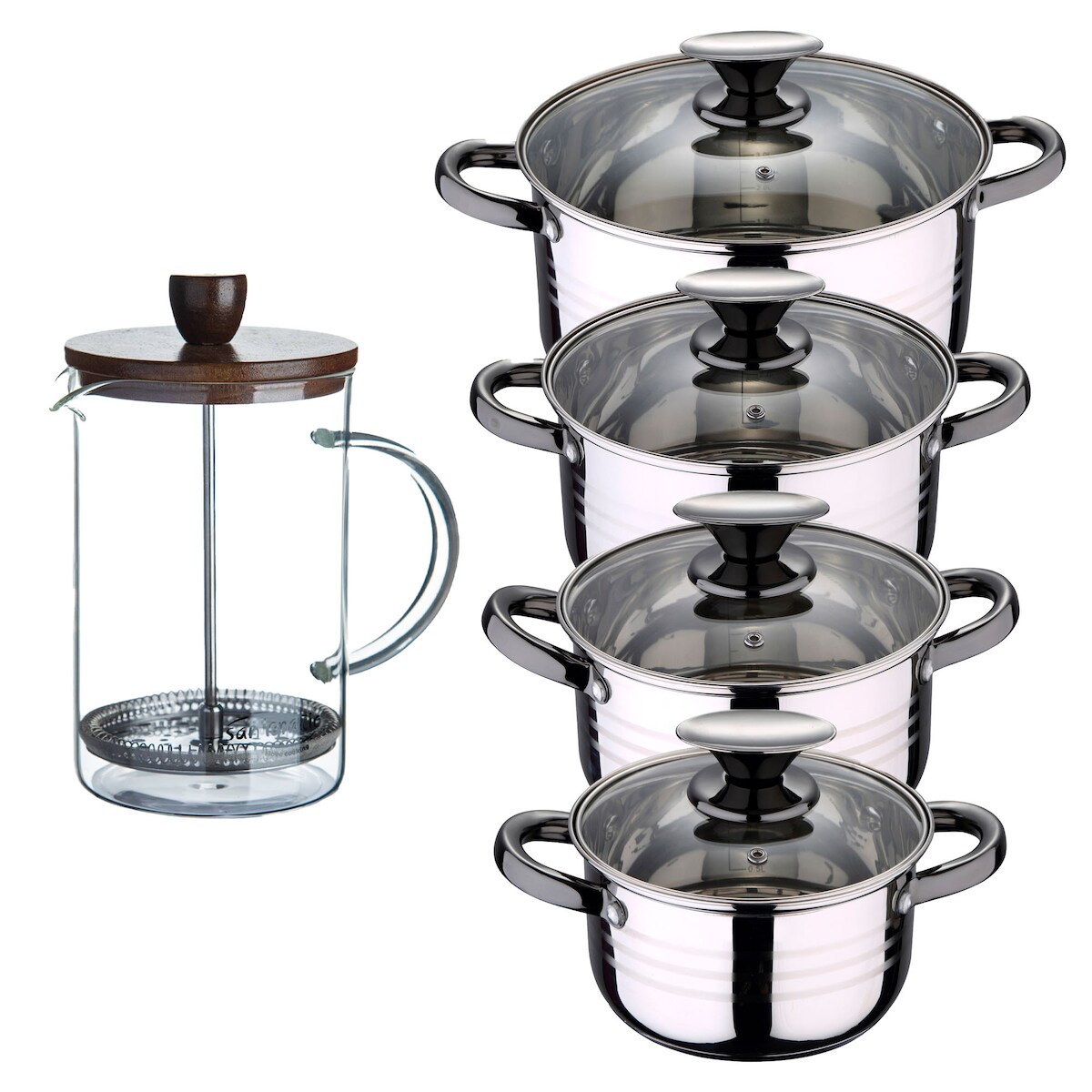 BERGNER - DINA 8-teiliges Kochgeschirr-Set (16/18/20/24cm) aus Edelstahl, induktionsgeeignet, mit Kaffeebereiter aus Borosilikatglas (15,8×10×18,8cm) Image