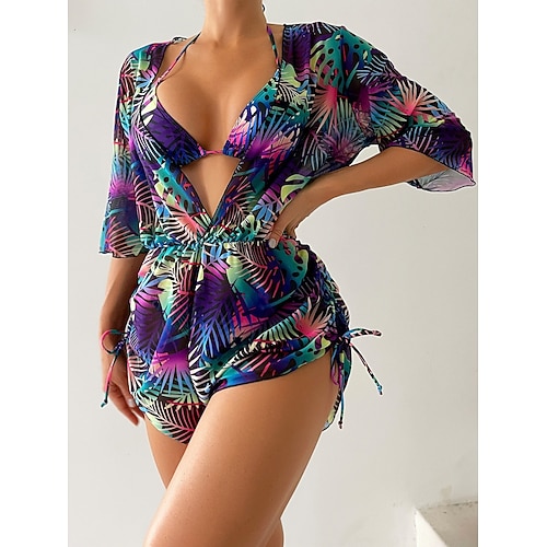 Damen Bikini 3-teiliger Badeanzug Palm Cheeky Slim Rückenfrei Urlaub Strandbekleidung Floral Farbblock V-Ausschnitt Ärmellos Langarm Badeanzüge Image