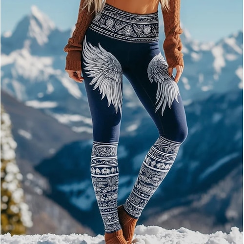 Damen Leggings Urlaub Vintage Ethno-Stil Volle Länge Hohe Taille Grafik Abstrakt 3D-Druck Schnelltrocknend Atmungsaktivität Weich Dehnbar Täglich Heim Outdoor Dunkelgrau Schwarz Weiß Marineblau Image