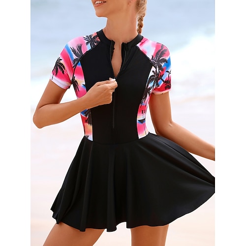 Womens Tankini Badeanzug Reißverschluss vorne Palme Kleid Briefs Bauchkontrolle Hohe Taille Slim Rückenfrei Urlaub Strandbekleidung Grafisch Blockfarben Rundhals Kurzärmelige Bademode Image