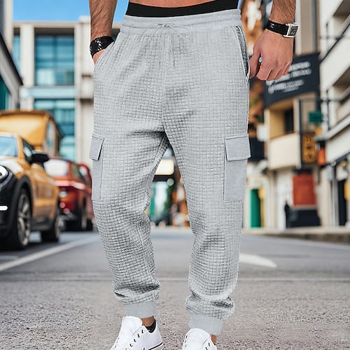 Herren Cargo-Jogginghose Jogginghose Jogginghose Jogger Hose Waffelhose Kordelzug Tasche Elastischer Bund Einfach Komfort Weich Outdoor Täglich Ferien Urlaub Mode Schwarz Weiß Mikroelastisch Image