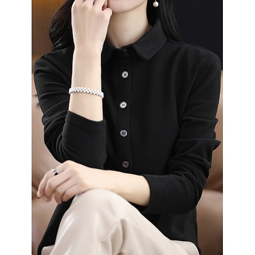 Damen Freizeithemd Knopfhemd Bluse Knöpfe Einfarbig Vintage Stilvoll Klassisch Langarm Hemdkragen Normale Oberteile Täglich Outdoor Ferien Schwarz Rosa Wein Marineblau Kamel Frühling Herbst Winter Image