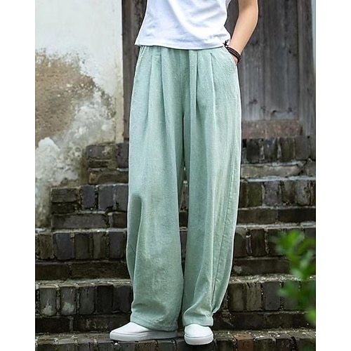 Damen Kunstbaumwollleinen Hose Sommerhose Baggy-Hosen Urlaub Vintage Ethno-Stil Volle Länge Hohe Taille Unelastisch Strand Straße Lässig Bohnengrün Rohe Hanffarbe Schwarz Marineblau Sommer Frühling Image