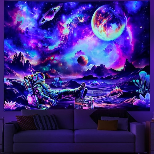 Schwarzlicht-Astronauten-Wandteppich, UV-reaktiver Galaxien-Weltraum-Wandteppich, im Dunkeln leuchtend, psychedelischer Universum-Planeten-Wandteppich, Neon-Sternenhimmel-Wandbehang-Dekoration für Image