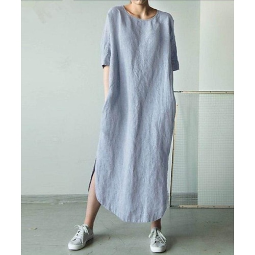 Damen-Midikleid aus Baumwolle und Leinen, Etuikleid, Sommerkleid, Urlaubskleid, lässiges Alltagskleid, lockere Passform, einfarbig, halbe Ärmel, Rundhalsausschnitt, hellblau, schwarz, weiß, grün, Image