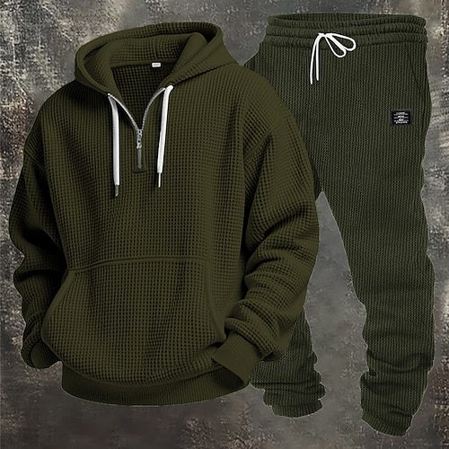 Herren Passende Sets Schwarz Kapuzensweatshirt Hoodies mit Reißverschluss Jogginghose Hose Waffelhose Sets Langarm Mit Kapuze Outdoor Urlaub Einfach Tasche 2 teilig Polyester Frühling Image