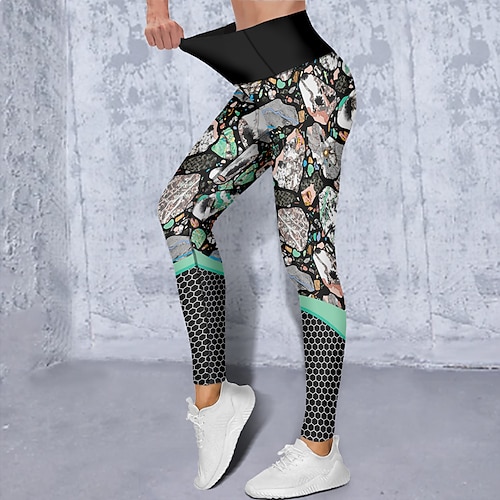 Damen Sport Leggings Gym Sport leggings Yogahose Elasthan Grün Grau Dunkelgrün Kurz geschnittene Leggings Geometrie Bauchkontrolle Kolbenheber Kleidung Yoga Fitness Fitnesstraining Laufen / Sportlich Image