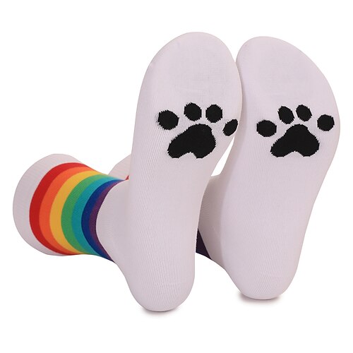 Wadenlange Socken mit Regenbogenstreifen, schweißabsorbierend, geruchshemmend, mit Tierpfotenabdruck, Unisex, bequem, aus Baumwolle, für Damen und Herren, Freizeitkleidung Image