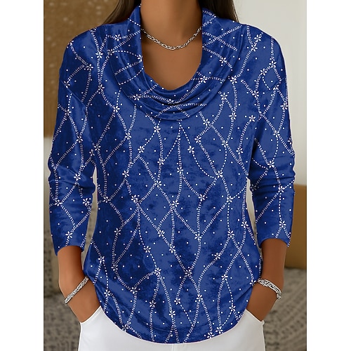 Damen Tunika T-Shirt Druck Gestuft Blumen Grafik Geometrisch Elegant Vintage Mode Langarm Wasserfallausschnitt Normale Oberteile Täglich Ausgehen Wochenende Blau Rote Purpur Grün Herbst Winter Image