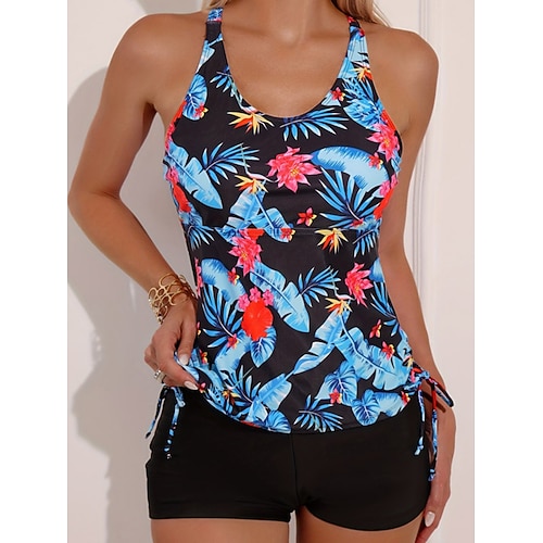 Damen Tankini 2-teiliger Badeanzug Palm Shorts Bauchkontrolle Hohe Taille Slim Rückenfrei Urlaub Strandbekleidung Floral Blätter Halfterhals Ärmellos Badeanzüge Image