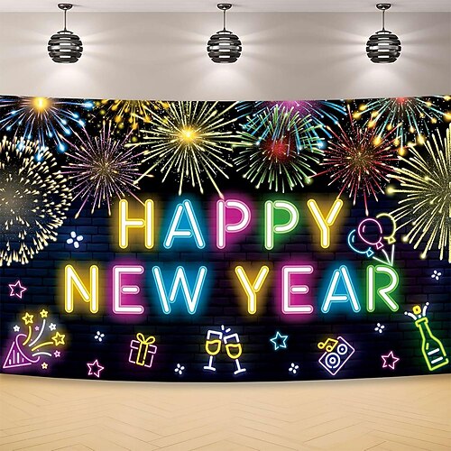 Silvester Tapisserie Banner Decke glückliches neues Jahr 2026 Niedlich Romantisch 3D Schlafzimmer Wohnzimmer Wohnheim Jugendzimmer Studentenwohnheim Wandveranda Wohndeko Image
