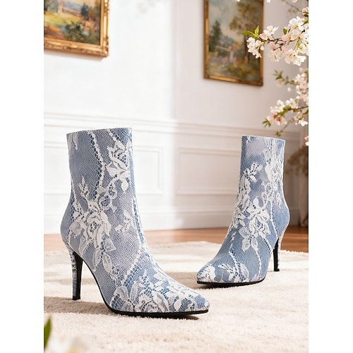 Blau-weiße Damen-Ankle-Boots mit Spitzendetails und hohem Absatz – elegantes florales Spitzendesign, modisch und perfekt für formelle Anlässe, Partys und Abendgarderobe Image