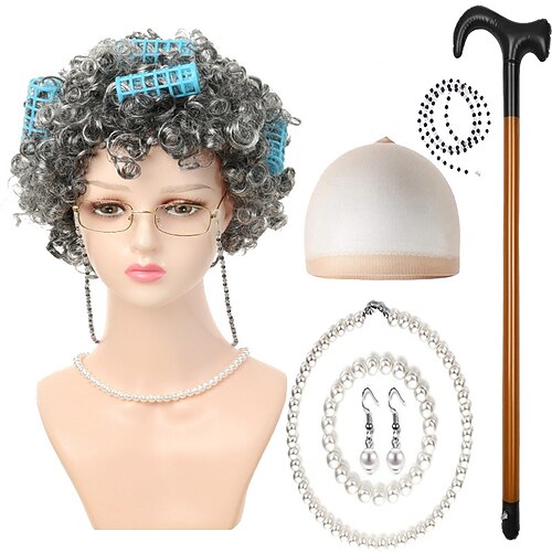 Set aus Perücke für alte Damen, Lockenwicklern, Perlenkette, Ohrringen und Gehstock für Frauen und Mädchen, Oma-Cosplay, Kostüm für „100 Tage Schule", Halloween-Party-Accessoires Image