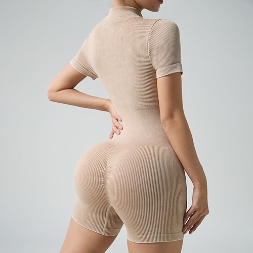 Damen Einteiliger Trainingsoverall Yoga-Strampler Einfarbig Bodysuit Frühling Herbst Khaki sportlich Sport Pilates Hohe Taille Bauchkontrolle Kurzarm Sport Sportkleidung Image