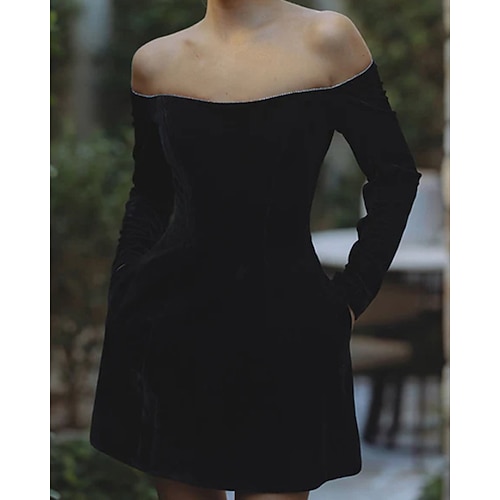 Damen Minikleid schwarzes kleid Samtkleid Partykleid Cocktailkleid Elegant Modern Party Cocktailparty Schlank Einfach Langarm Schulterfrei Schwarz Frühling Herbst Image