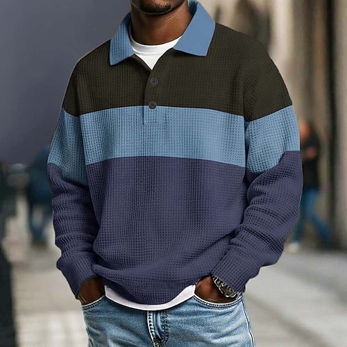 Herren Horizontale Streifen Waffel-Poloshirts Rugby-Poloshirt Rugby-Poloshirts Langarm Polo-Shirts Revers Sportbekleidung Lässig Schule Athleisure Alltagskleidung 3D-Druck Frühling Herbst Winter Blau Image
