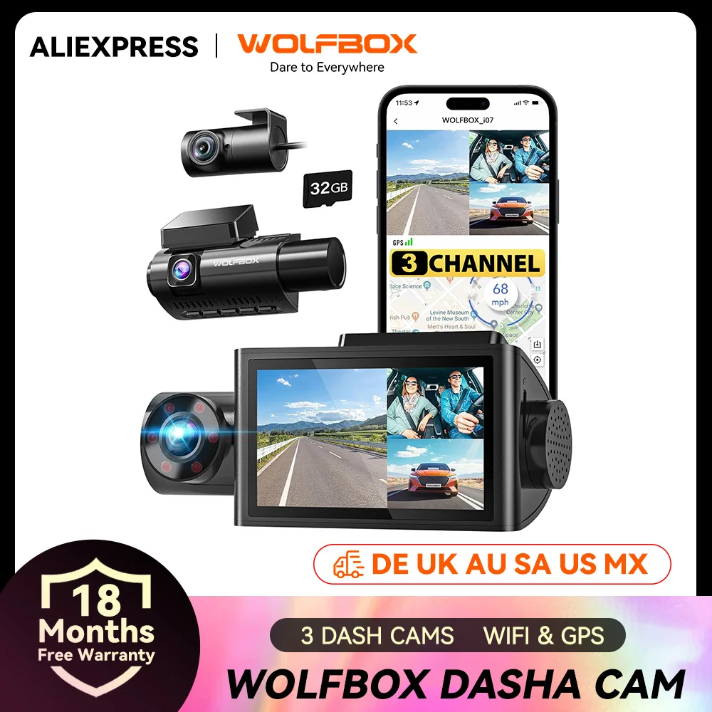 WOLFBOX I07 Dashcam 3-Kanal-Dash-Kamera für Auto vorne und hinten 4K Dash-Kamera mit GPS WiFi Auto-DVR für 170 FOV WDR