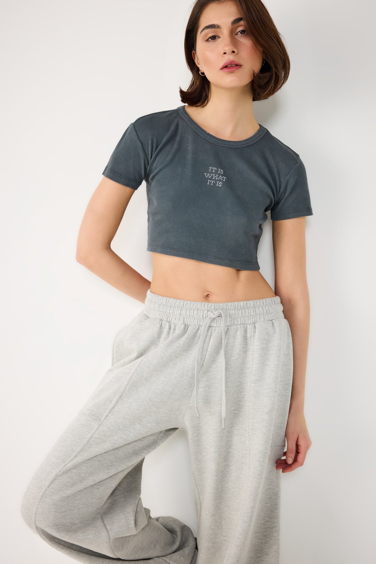 Kurzes, geripptes T-Shirt mit Stickerei in Stein Image