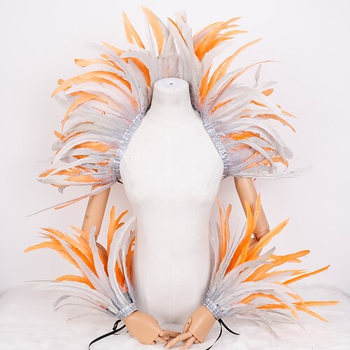 Carnaval 2026 Accessoires Samba du Carnaval de Rio Ensemble de Costumes en Plumes Rouges et Jaunes de Carnaval Cape Épaulière Manchons pour Mardi Gras Fête de Danse Costume de Performance Festival