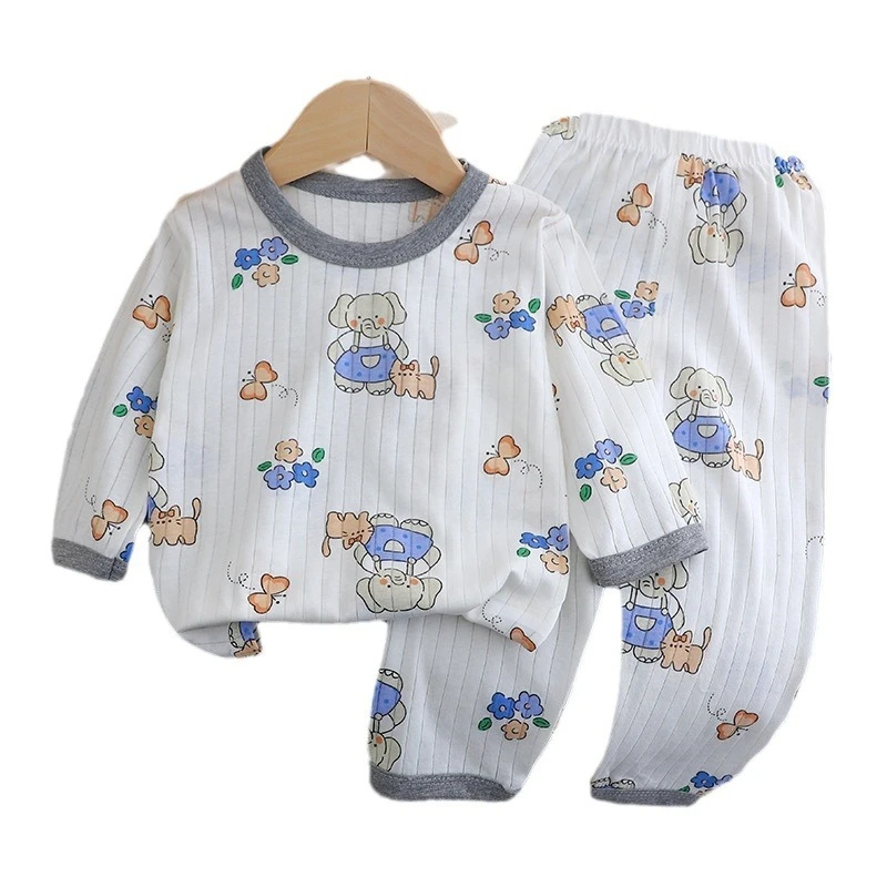 Unisex-Baby-Loungewear-Set aus Baumwolle mit niedlichem Elefanten- und Bärenkopf-Aufdruck, dünner Pyjama, gemütliche, klimatisierte Nachtwäsche für Kleinkinder Image