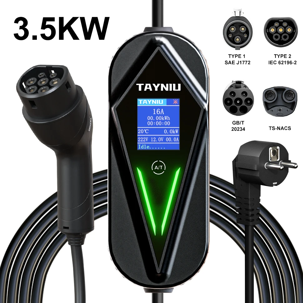 TAYNIU EV-Ladegerät 16 A 3,5 kW Typ 2 Typ 1 GB/T TS-NACS-Ladegerät tragbares 1,8-Zoll-Bildschirm-Ladegerät EVSE für Tesla-Autos und andere EVs Image