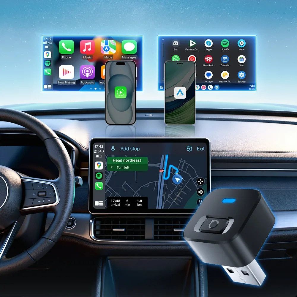 OTTOCAST Mini Dot Wireless CarPlay Android Auto Adapter 2-in-1-Dongle Wifi 5.2 Plug-and-Play-Autozubehör für Totoya VW Benz Image