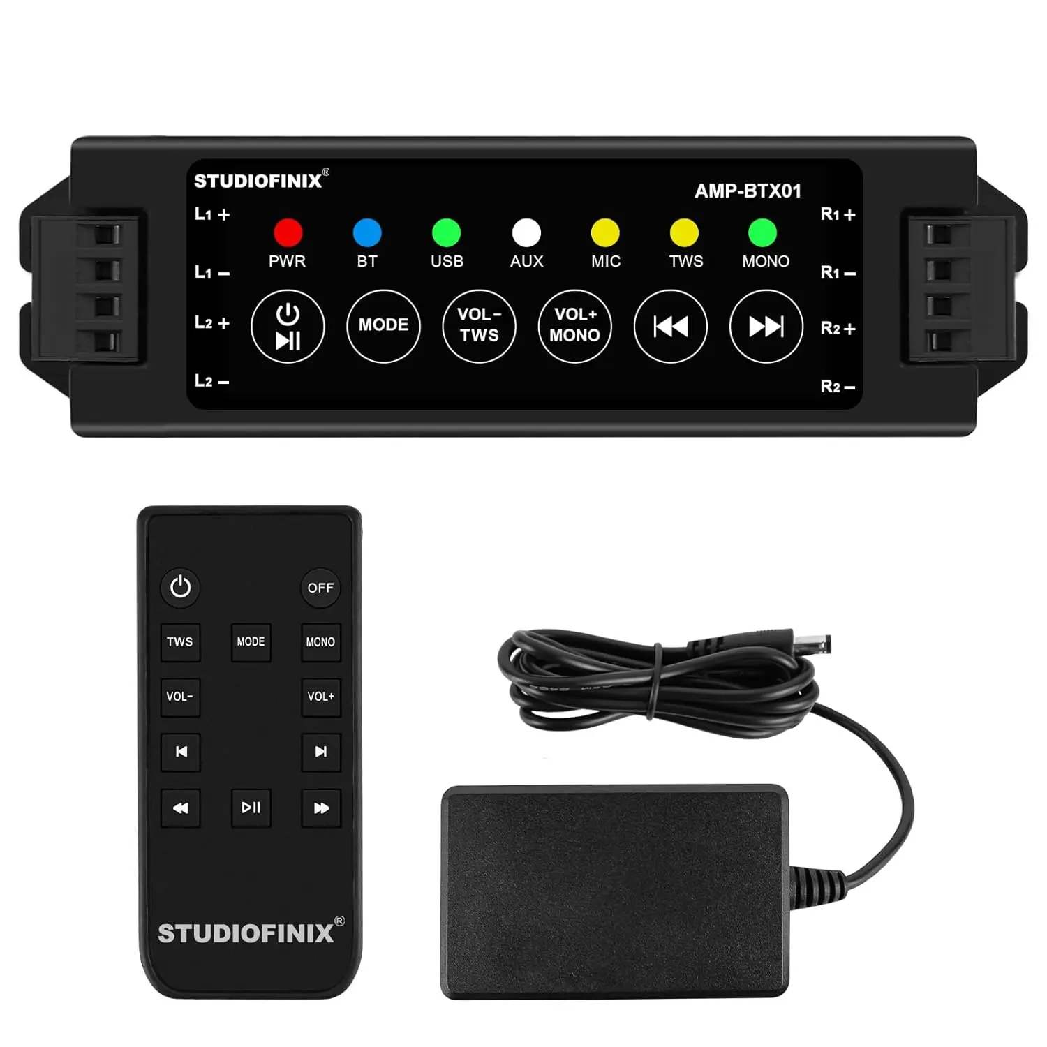 STUDIOFINIX 4-Kanal-Verstärker zur Wandmontage, 19 V, 3 A, Bluetooth 5.0 + IR-Fernbedienung + TWS-PowerOff-Speicher für Deckenlautsprecher in der Garage zu Hause Image
