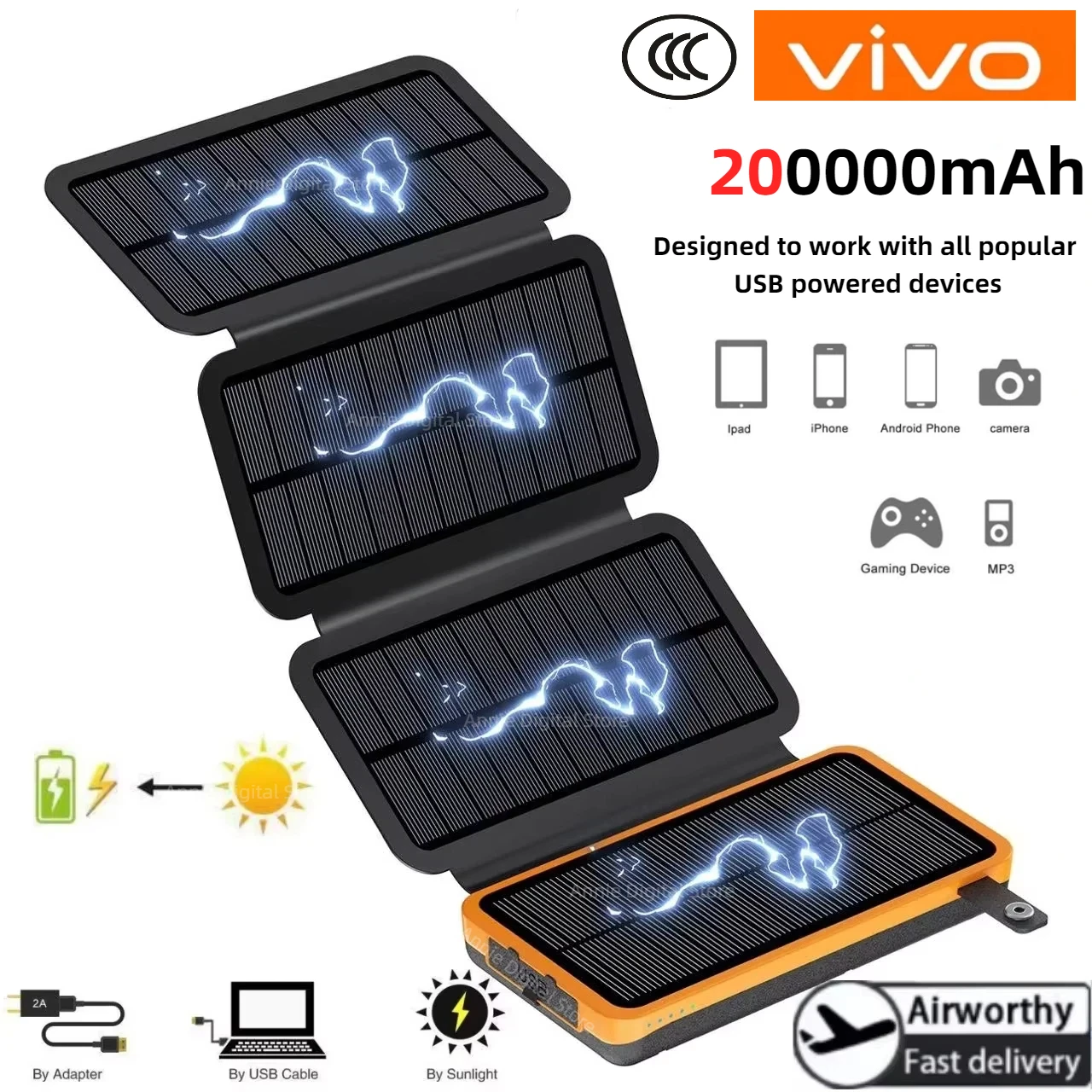 VIVO 200000 mAH Solar Power Bank Klapp Solar Panels 5 V 2A USB Ausgang Tragbare Outdoor Camping Sun Power für iPhone Android 2025 Image
