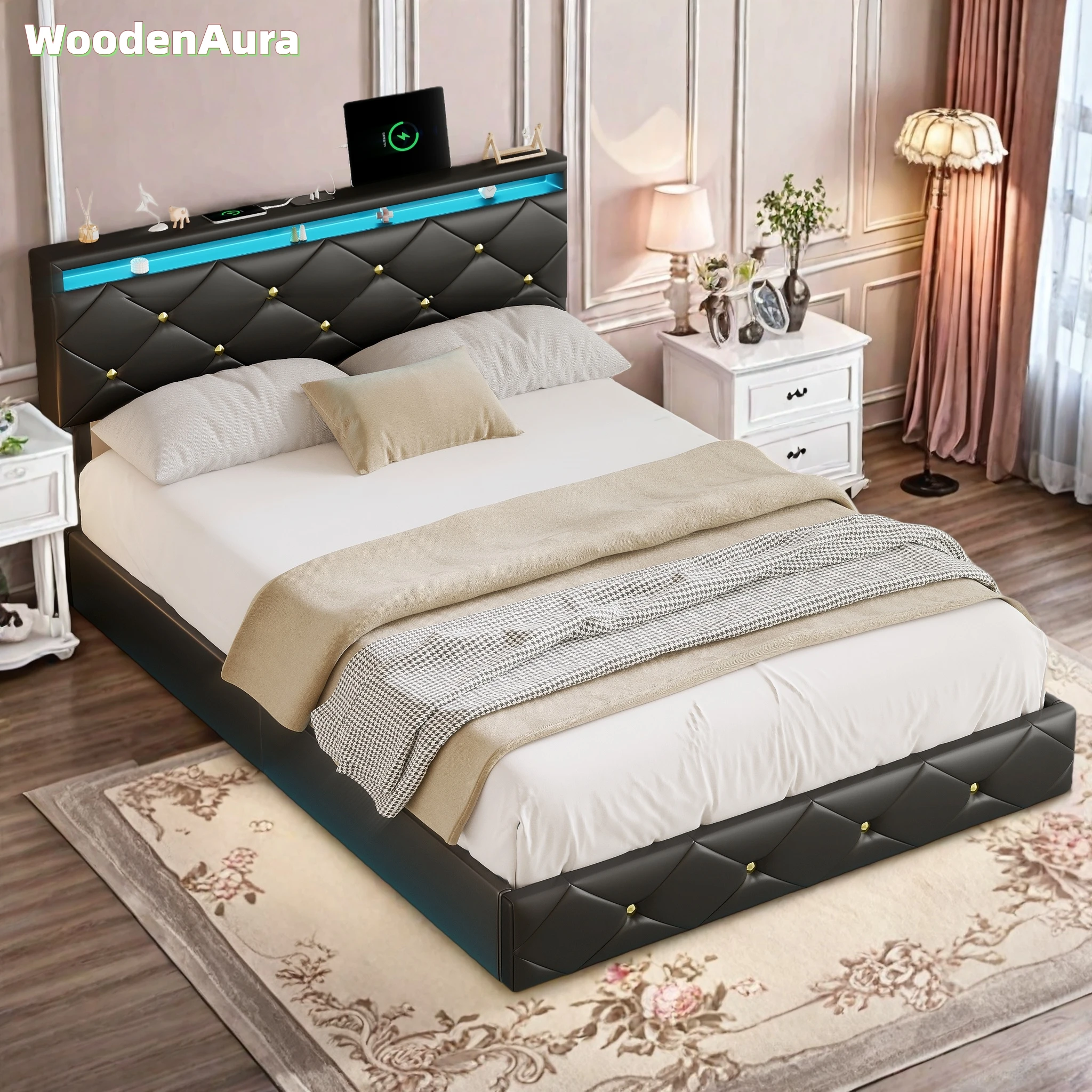 WoodenAura Bett 160x200 cm, mit LED-Lichtleiste, höhenverstellbarem Kopfteil, Doppelbett, Lattenrost, PU, ​​schwarz