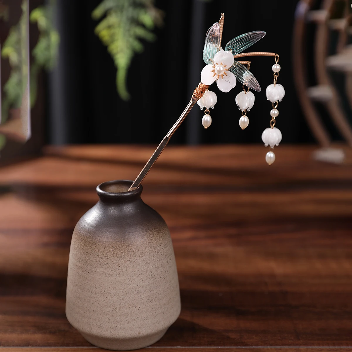 Haarnadel mit Perlenquasten im antiken Stil, Glasiertes Blumenblatt-Han-Element-Haar-Accessoire, Feen-Hanfu-Accessoire, exquisites Haar-Accessoire für Fotoshootings für junge Mädchen