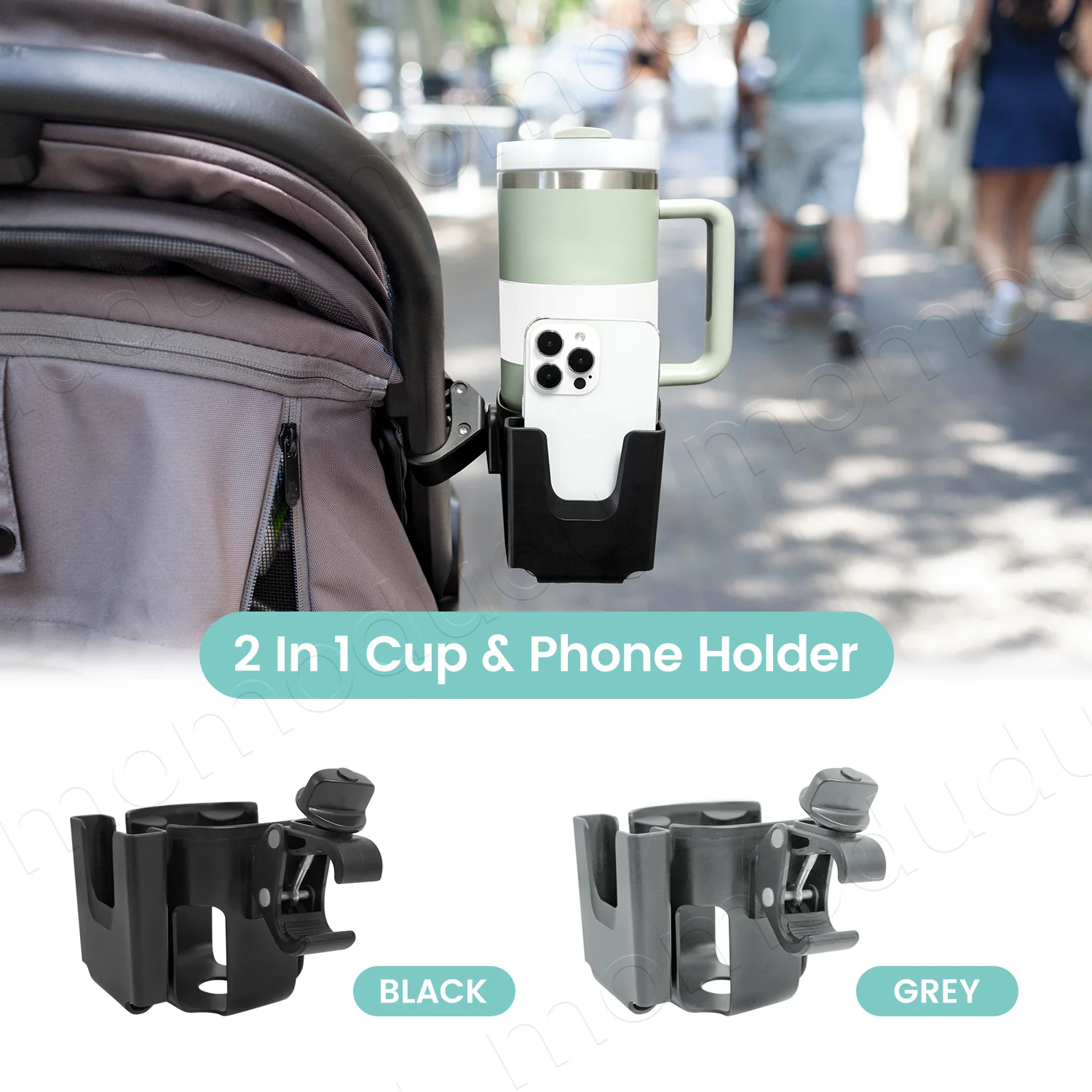 2-in-1 großer Universal-Kinderwagen-Getränkehalter mit Telefonhalter – 360 ° Drehbare verstellbare Klemme, abnehmbarer Ständer Image