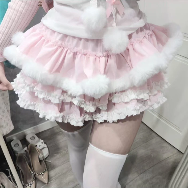 Gonna corta a vita alta con patchwork dolce moda donna giapponese Kawaii gonne di pizzo rosa femminile casual bella nuova gonna ampia con pelucchi