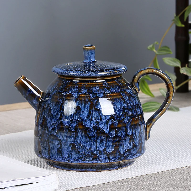 Ceramic teapot, household simple kiln-transformed Gongfu tea set, filtering tea brewing kettle