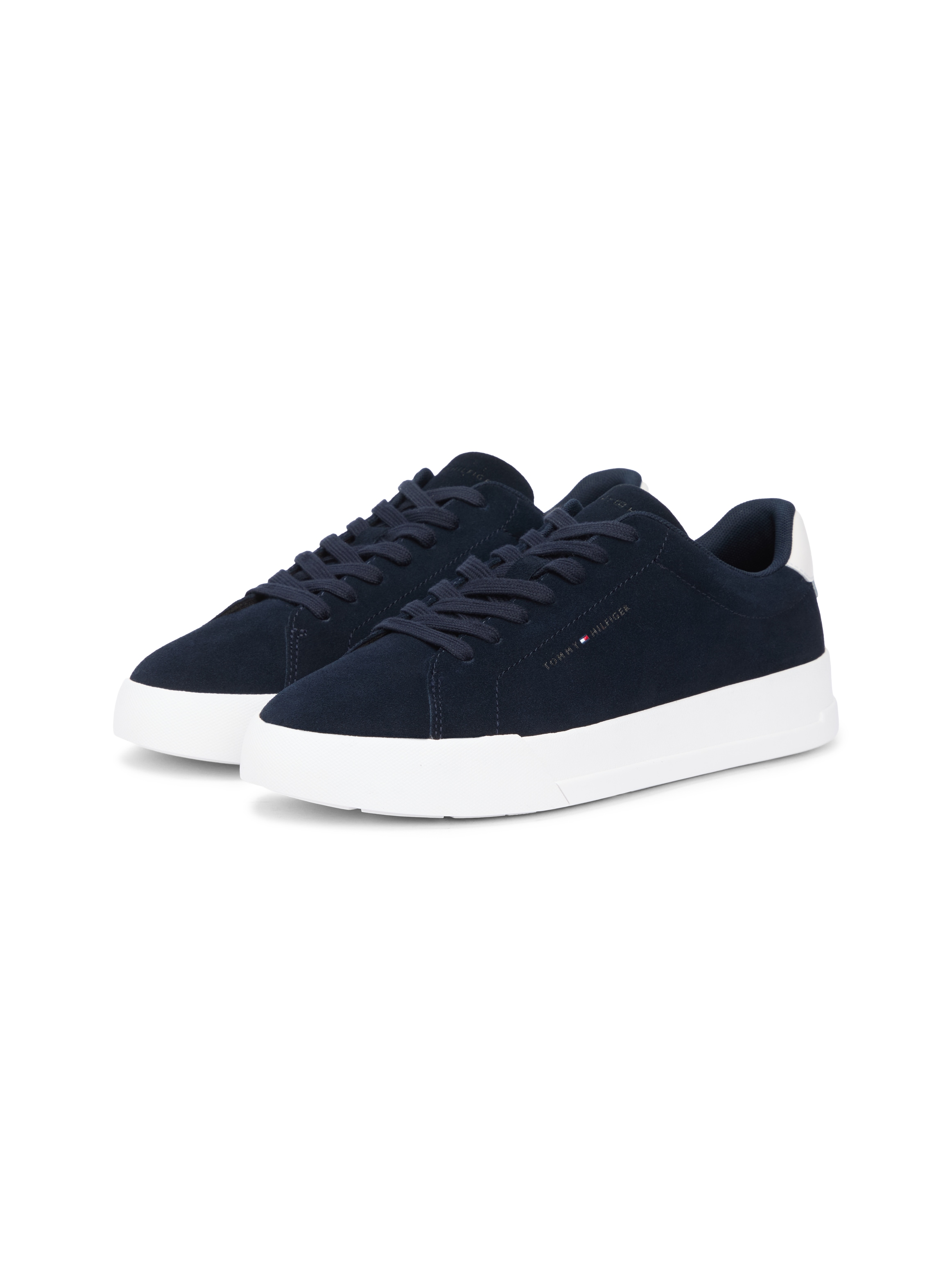 Sneaker TOMMY HILFIGER "TH COURT CORE SUEDE", Damen, Gr. 44, dunkelblau, Veloursleder, Schuhe Sneaker, Freizeitschuh, Halbschuh, Schnürschuh mit seitlicher Logoprägung