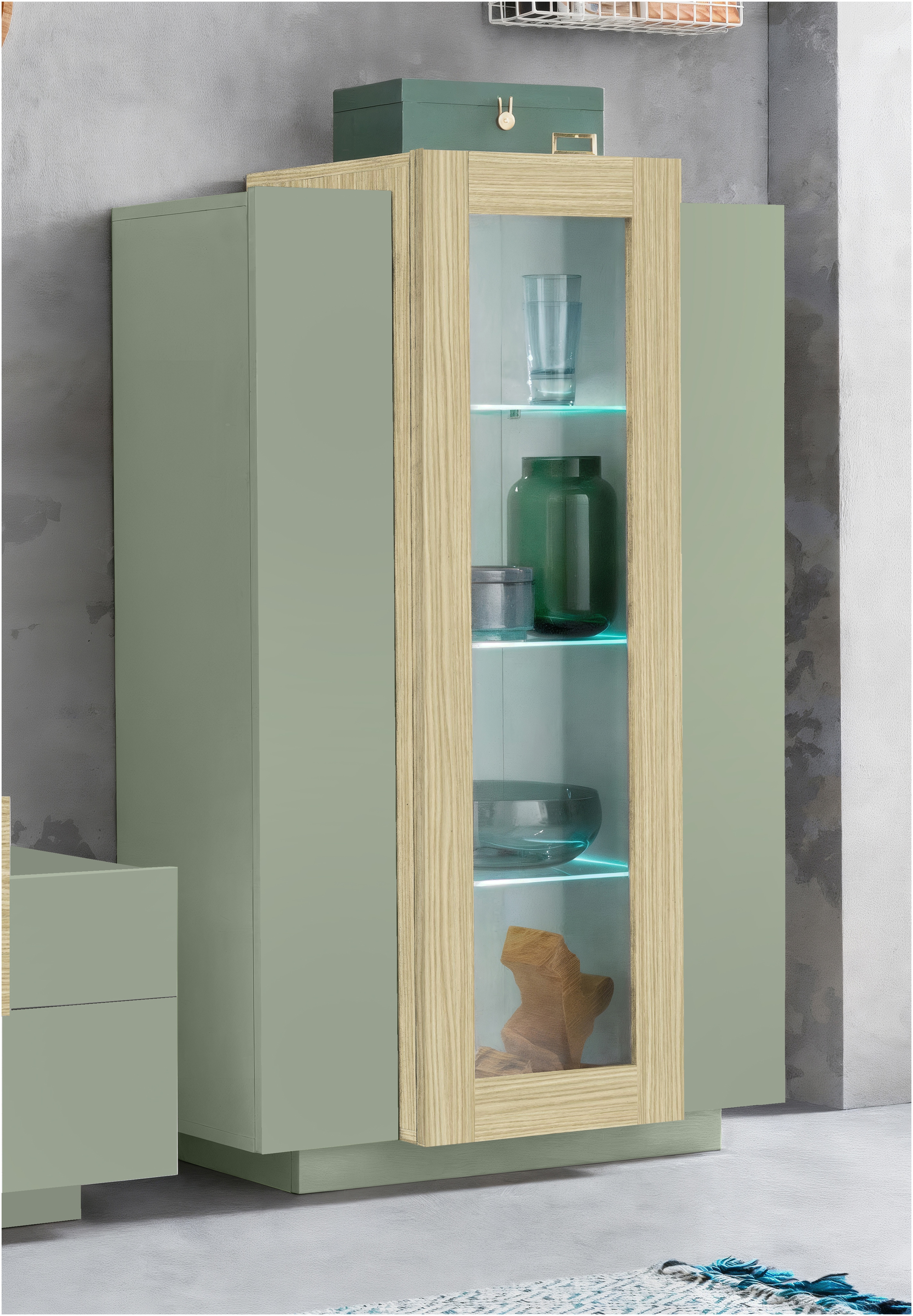 Vitrine HOME AFFAIRE "Coro, Vitrine, Glasvitrine, Vitrinenschrank, Stauraumvitrine", grün (eiche chopin, salbei), B:80cm H:120,5cm T:38cm, FSC-zertifizierter Holzwerkstoff, Glas, Schränke, Vitrine, 3 Türen davon 1 Glastür, 9 Fächer, Doppeltiefe,...