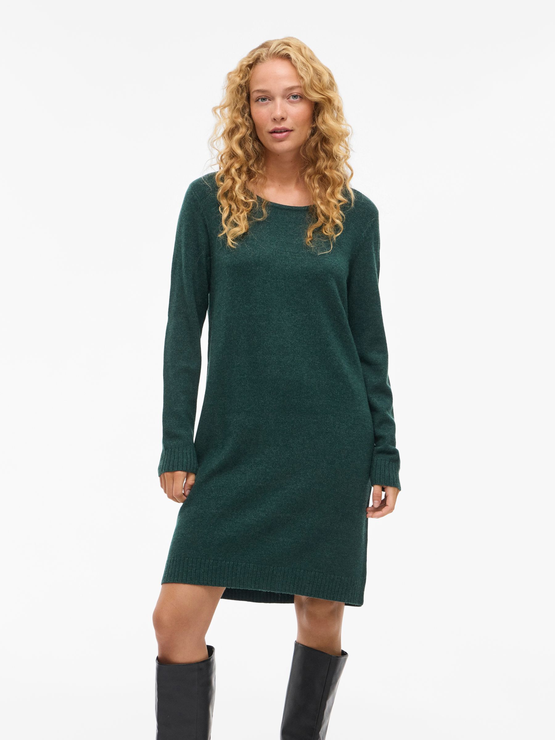 Strickkleid VILA "VIRIL L/S KNIT DRESS - NOOS", Damen, Gr. XL, N-Gr, grün (ponderosa pine detail:schwarz melange), Feinstrick, Obermaterial: 50% Viskose, 27% Nylon, 23% Polyester, meliert, regular fit kniefrei, Rundhals, Rippstrickbündchen, Kleider...