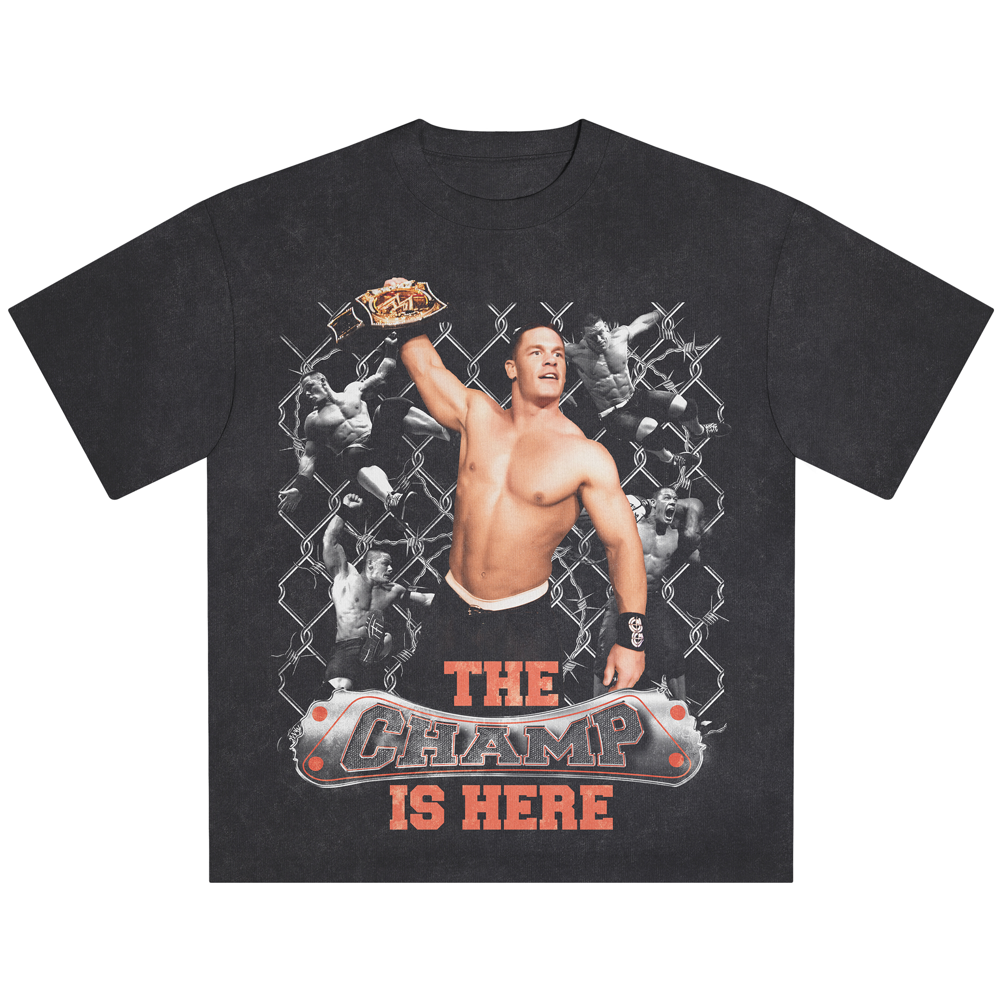 Schwarzes John Cena Snow Wash „The Champ Is Here“-T-Shirt für Herren (kastenförmig geschnitten) Image