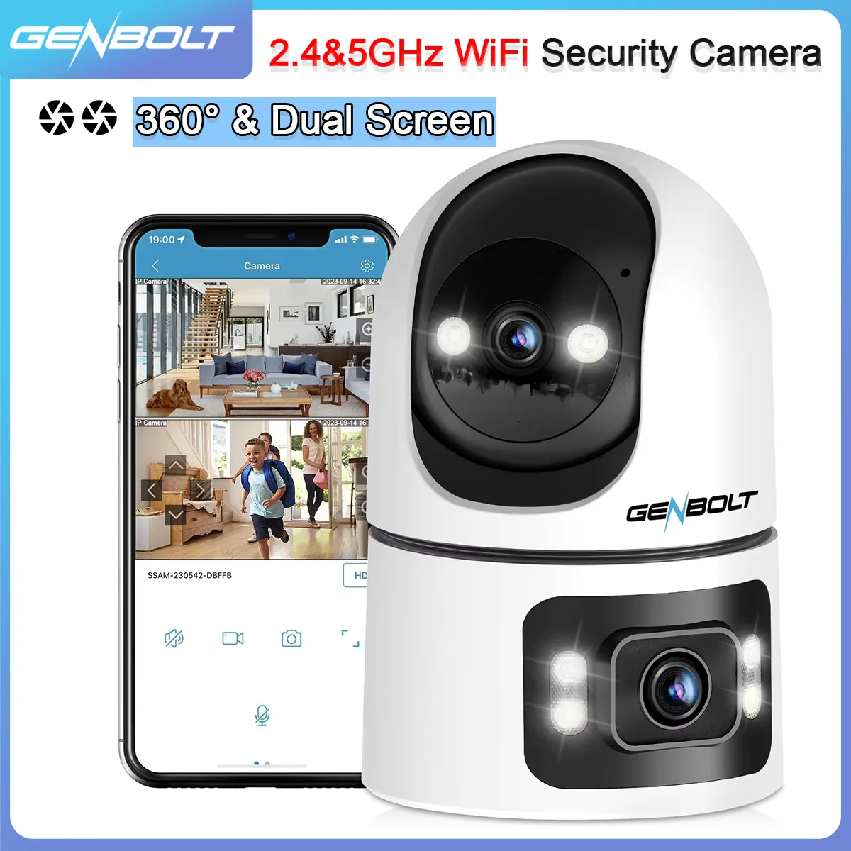 GENBOLT WiFi-Überwachungskamera für den Innenbereich, 360° ° Dual Lens Home Surveillance IP-Kamera CCTV mit humanoiden Erkennung, Image