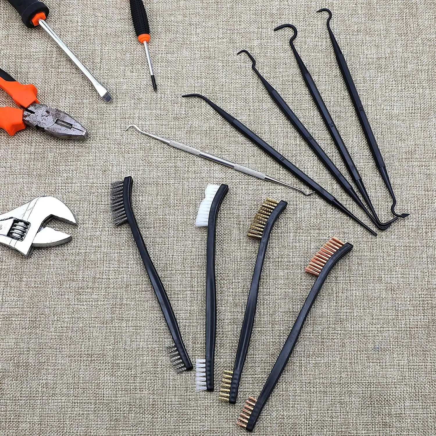 7-teiliges Mini-Drahtbürsten- und Plektrum-Set, doppelseitige Bürste aus Messing, Kupfer, Nylon, Stahl und Polymer-Metallpicks zum Reinigen von Schweißschlacke a Image