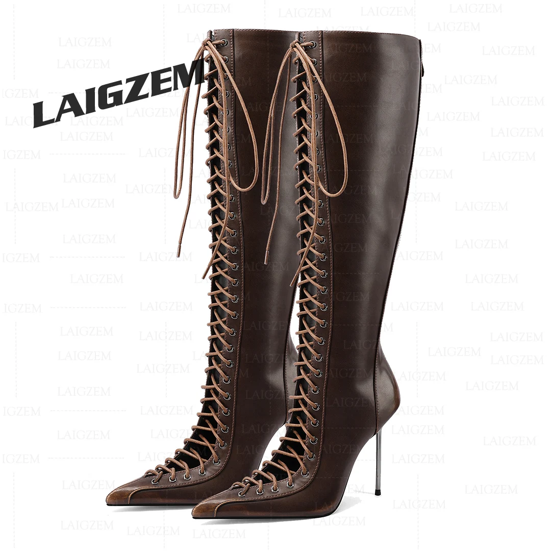LAIGZEM Frauen Kniehohe Stiefel Schuhe Spitze Dünne High Heels Stiefel Zurück Voll Zipper Handgemachte Damen Schuhe Frau Große Größe 38 41 43