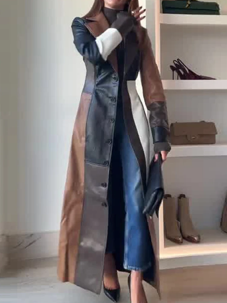 Mode Farbe Botschaft Spleißen Langes Kleid Casual Langarm Blazer Party Kleid frauen Elegante Revers Taste Pu Leder Kleid Image