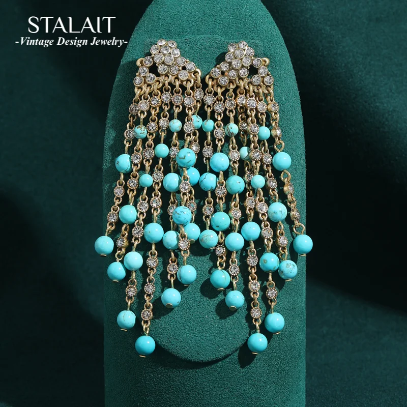 Vintage Große Türkis Runde Perle Quaste Tropfen Ohrringe Antik Gold Farbe Luxus Designer Schmuck Zubehör Für Frauen 2023