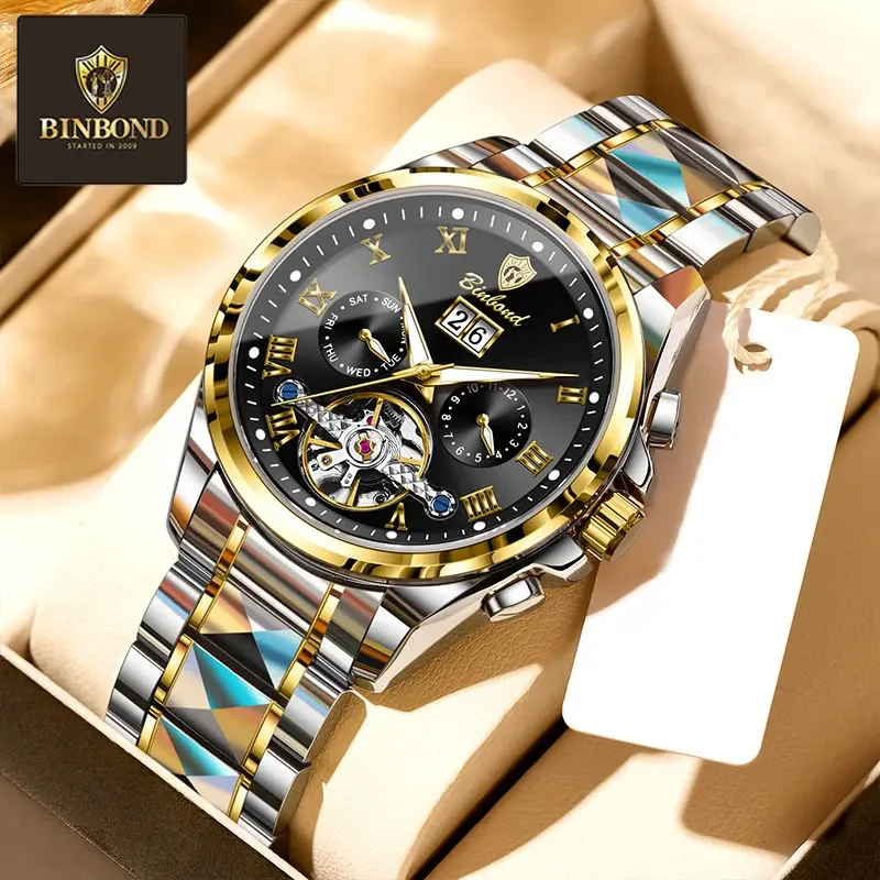 BINBOND Top Luxus Automatische Mechanische herren Uhr Datum Wasserdichte Armbanduhr Hohl Tourbillon Edelstahl Männliche Uhr Image