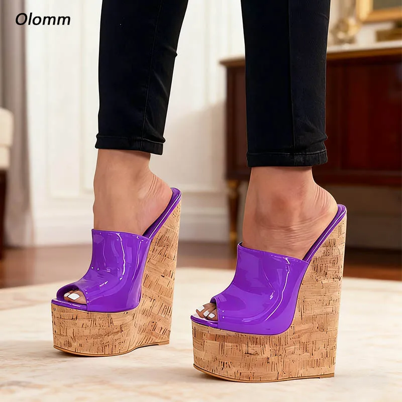 Olomm Handgefertigte lila Lackleder-Keilsandalen – Damen-Pantoletten mit Plateauabsatz, US-Größe 5–15 Image