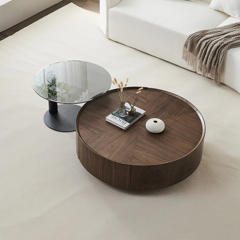 Wohnungs-Designer-Couchtisch, mittelgroß, antike Walnussfarbe, Couchtisch mit Stauraum, rund, Wohnzimmermöbel, Salontafel XYCJ