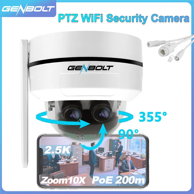 GENBOLT 2,5K PTZ WiFi-Überwachungskamera für den Innen- und Außenbereich, wasserdicht, vandalensicher, 10 x DC und PoE-Dome-Kamera mit zwei Objektiven, Heimüberwachung Image