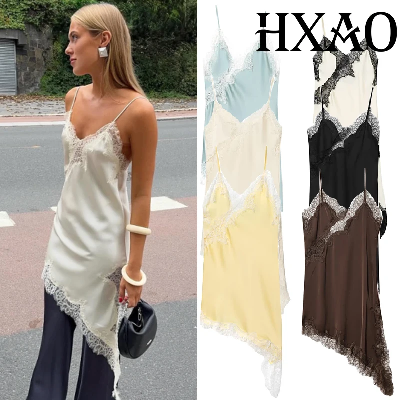 HXAO Slip Abiti da donna Abito senza maniche in pizzo nero Donna Abiti da festa eleganti asimmetrici Abito sexy in raso giallo senza schienale