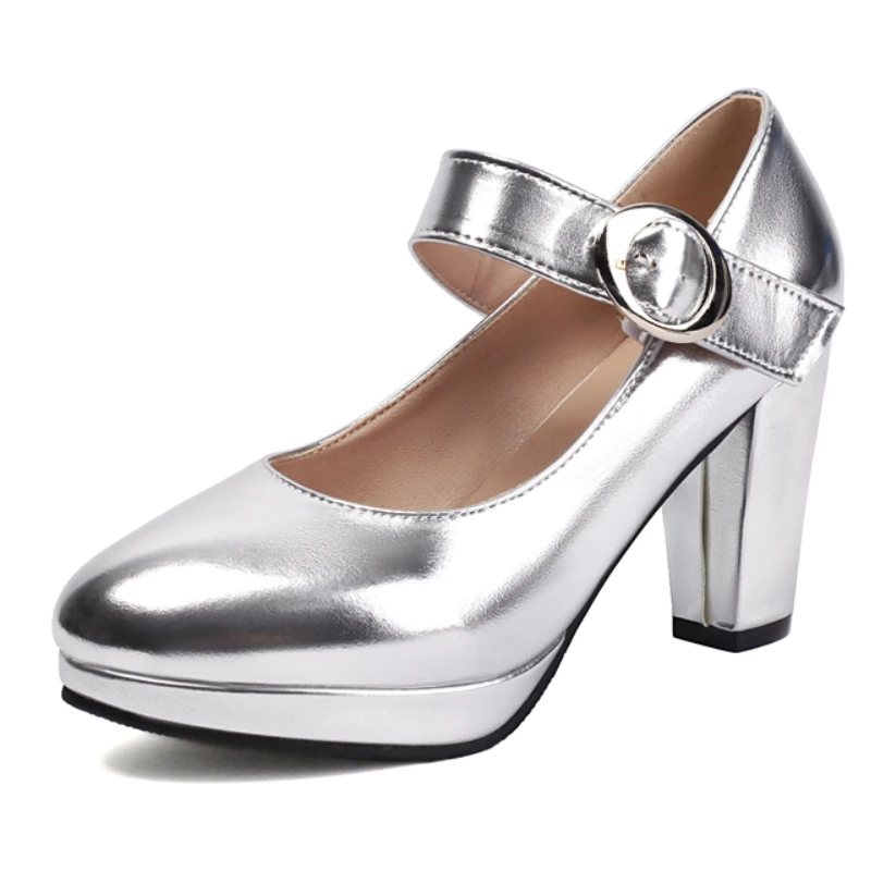 Women's High Heels Pumps Mary Jane Shoes Big Size 48 Luxury Strap Silver Red Gold Heeled Office Wedding Shoes Ladies 2025 Spring