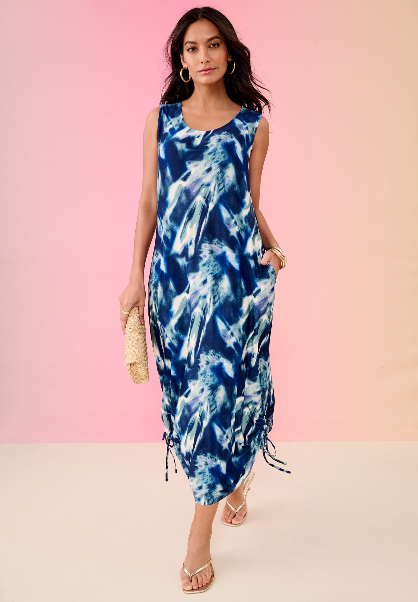 Plus Size Women's Plus Size Stretch Knit Sleeveless Midi Dress with Ruched Hem Detail by Roaman's in Sage Smoky Tie Dye (Size 42/44)