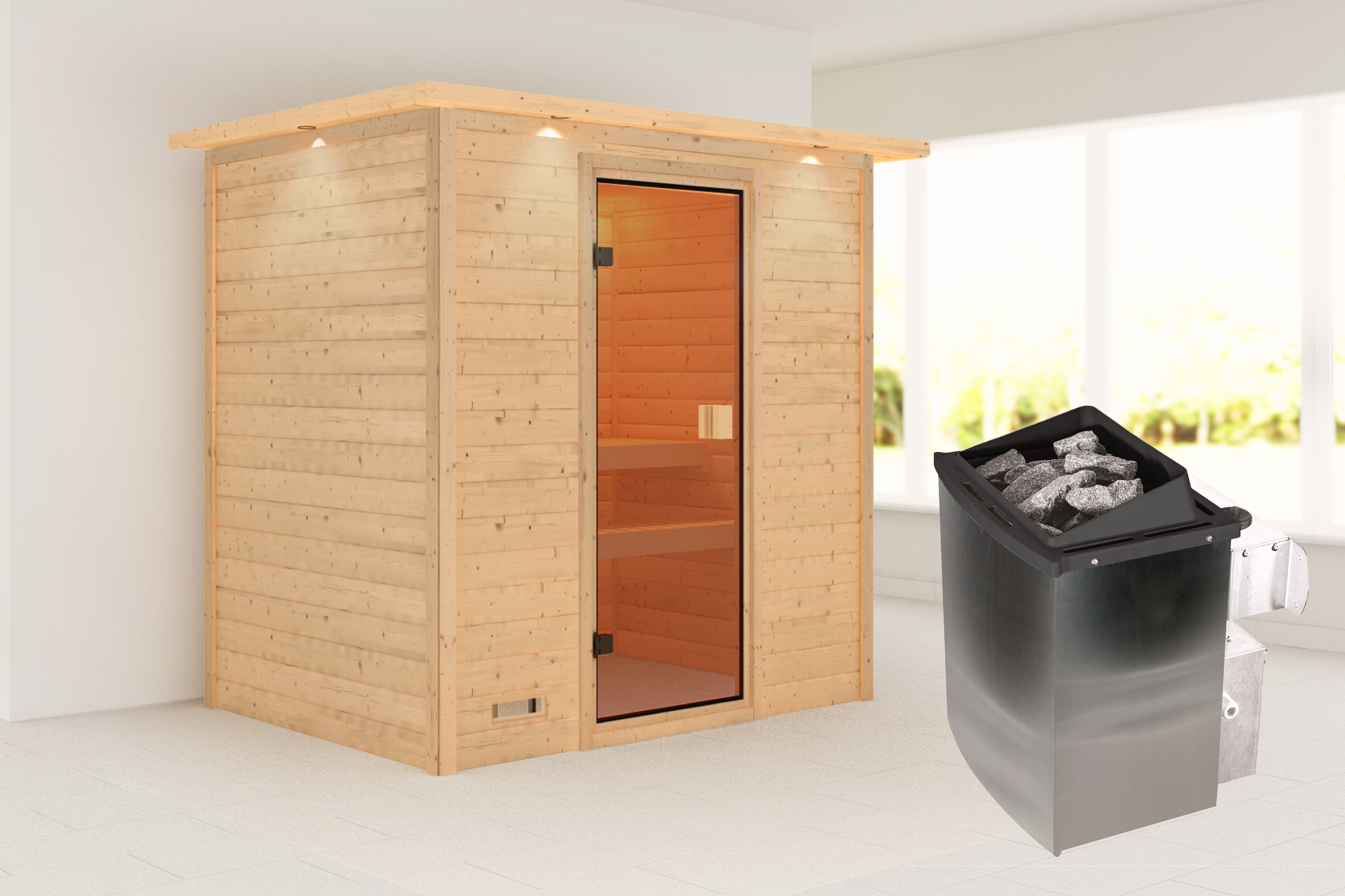 Sauna KARIBU "Sunie" mit bronzierter Tür und Kranz, naturbelassen, mit Ofen 9 kW", beige (naturbelassen), Saunaofen, integrierte Steuerung, 400 kW, Saunen, aus hochwertiger nordischer Fichte